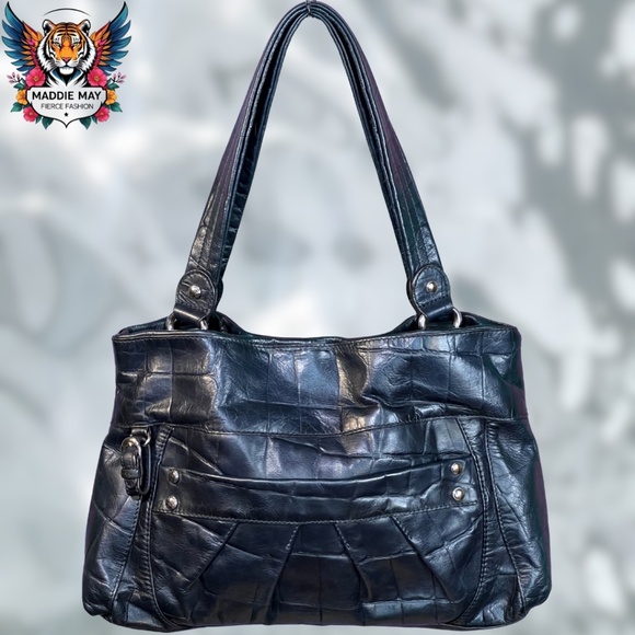 🌟B. Makowsky: Croc-Embossed Black Leather Hobo Shoulder Bag🌟 - Picture 1 of 13